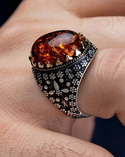 Tight Amber Stone Design 925 Sterling Silver Ring