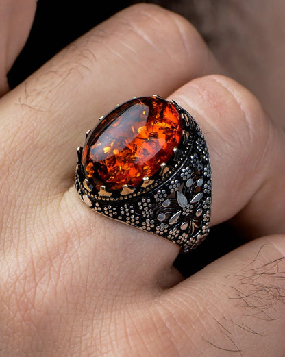 Tight Amber Stone Design 925 Sterling Silver Ring