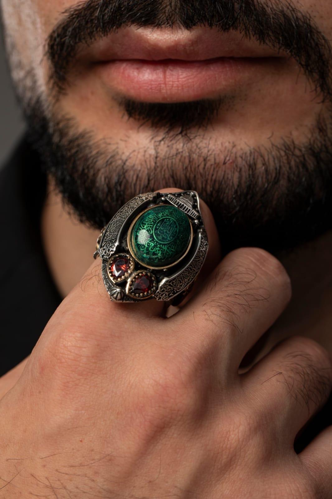 Evil Eye Prayer Embroidered Tawhid Chain Detailed 925 Sterling Silver Ring