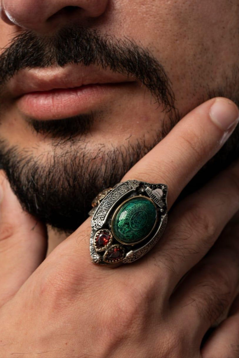 Evil Eye Prayer Embroidered Tawhid Chain Detailed 925 Sterling Silver Ring