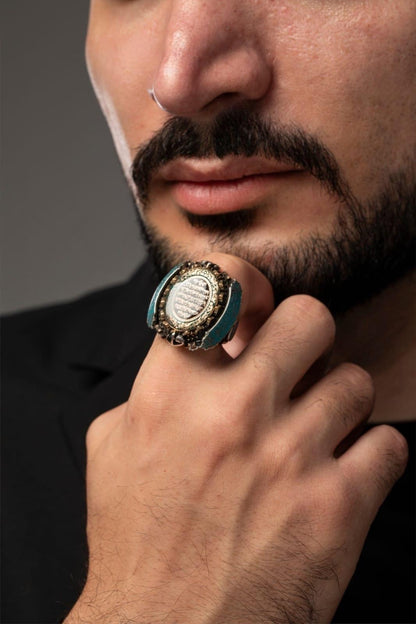 Special Design Ayet-el Kürsi and Kelima-i Tawhid and Allah and Muhammad Written Enameled 925 Sterling Silver Ring