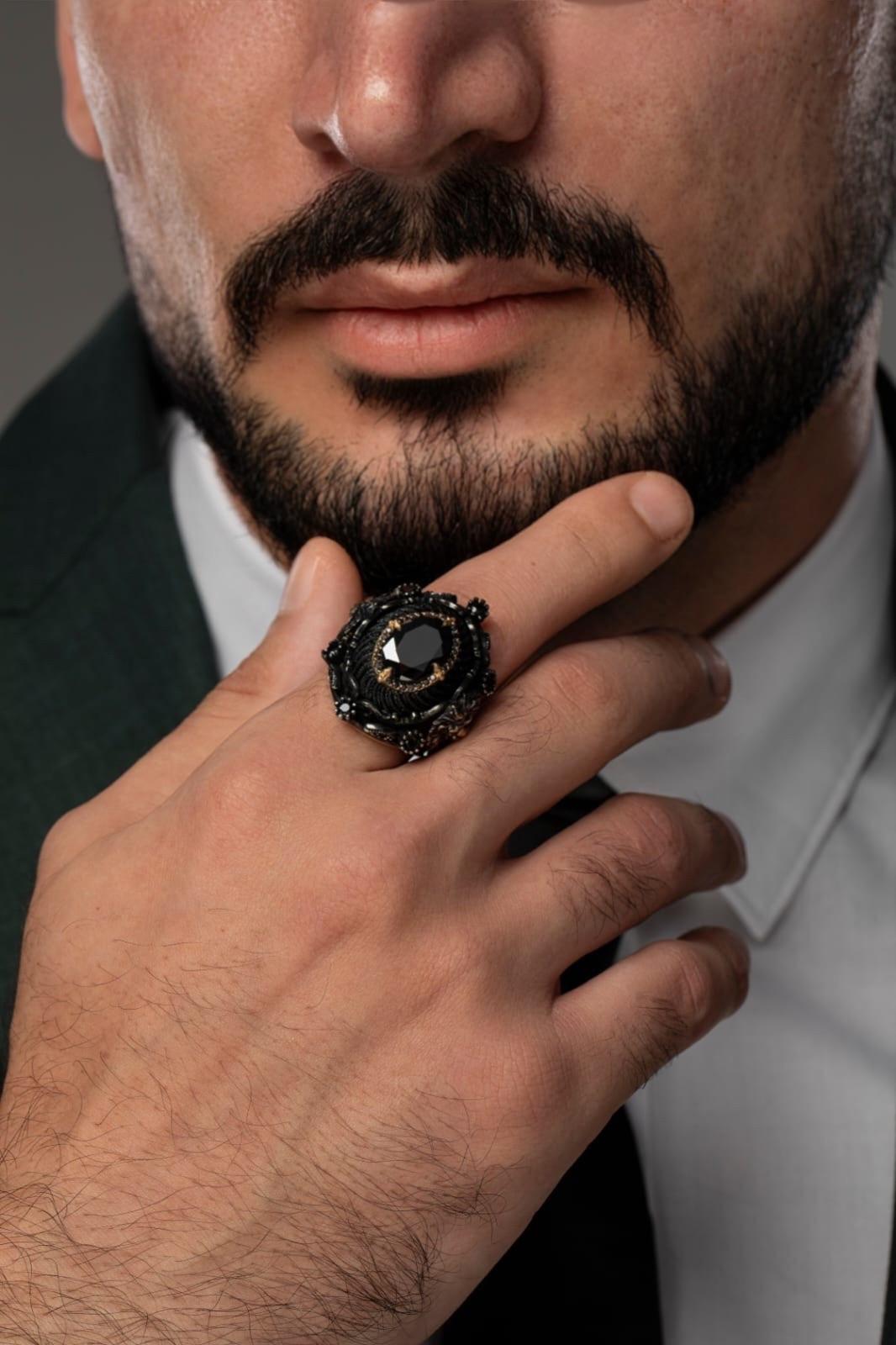 Special Design Amber and Black Zircon Stones and Allah, Muhammad and the Word of Tawhid Written  925 Sterling Silver Ring