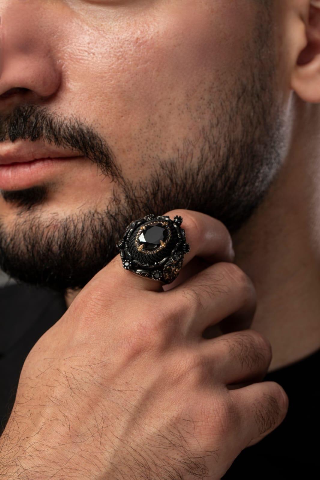 Special Design Amber and Black Zircon Stones and Allah, Muhammad and the Word of Tawhid Written  925 Sterling Silver Ring