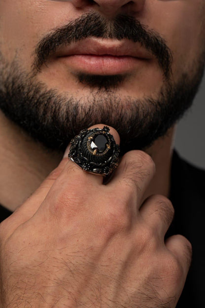 Special Design Amber and Black Zircon Stones and Allah, Muhammad and the Word of Tawhid Written  925 Sterling Silver Ring