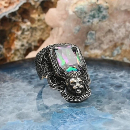 Zahgar Style Mystic Topaz Stone Lion 925 Sterling Silver Ring