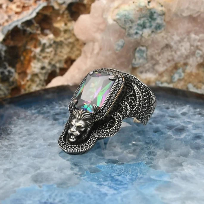 Zahgar Style Mystic Topaz Stone Lion 925 Sterling Silver Ring